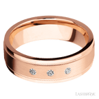 "7 mm wide/Flat Stepped Edges Milgrain/14K Rose Gold band with an  arrangement of 3, .03 carat Round Diamond stones in a Flush setting."