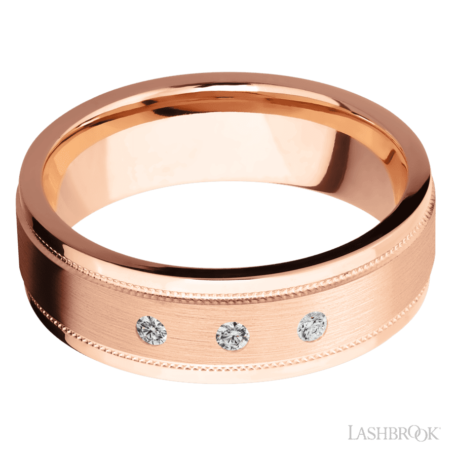 "7 mm wide/Flat Stepped Edges Milgrain/14K Rose Gold band with an  arrangement of 3, .03 carat Round Diamond stones in a Flush setting."