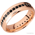 7 mm wide/High Bevel Milgrain/14K Rose Gold band with an Eternity arrangement of .03 carat Round Black Diamond stones in a Bead Channel setting.