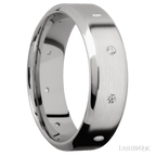 7 mm wide/High Bevel/14K White Gold band with a 9X Even arrangement of .03 carat Round Diamond stones in a Flush setting.