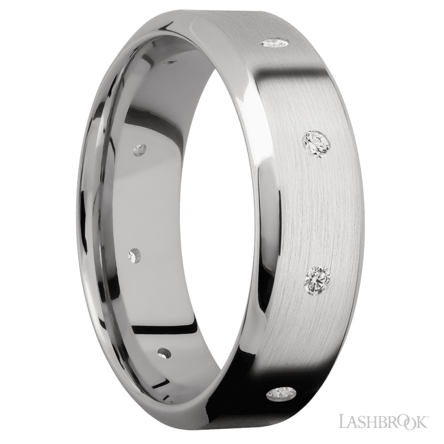 7 mm wide/High Bevel/14K White Gold band with a 9X Even arrangement of .03 carat Round Diamond stones in a Flush setting.
