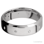 7 mm wide/High Bevel/14K White Gold band with a 9X Even arrangement of .03 carat Round Diamond stones in a Flush setting.
