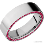 7 mm wide/Flat/14K White Gold band with a Side Eternity arrangement of .01 carat Round Ruby stones in a Bead Channel setting.