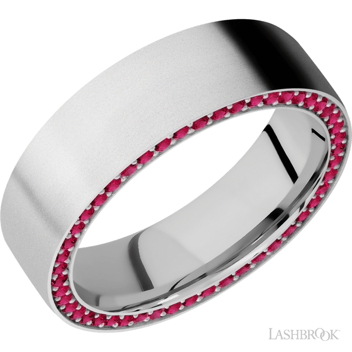 7 mm wide/Flat/14K White Gold band with a Side Eternity arrangement of .01 carat Round Ruby stones in a Bead Channel setting.