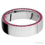 7 mm wide/Flat/14K White Gold band with a Side Eternity arrangement of .01 carat Round Ruby stones in a Bead Channel setting.