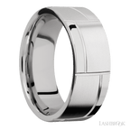 8 mm wide/Flat/14K White Gold band with a machined 3GOCHR pattern.