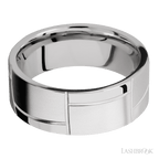 8 mm wide/Flat/14K White Gold band with a machined 3GOCHR pattern.