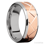 8 mm wide/Beveled/14K White Gold band with one 6 mm Centered inlay of 14K Rose Gold with a machined Flatweave pattern.
