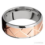 8 mm wide/Beveled/14K White Gold band with one 6 mm Centered inlay of 14K Rose Gold with a machined Flatweave pattern.