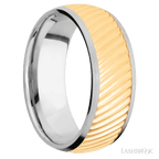 8 mm wide/Domed/14K White Gold band with one 6 mm Centered inlay of 14K Yellow Gold with a machined Ripple pattern.