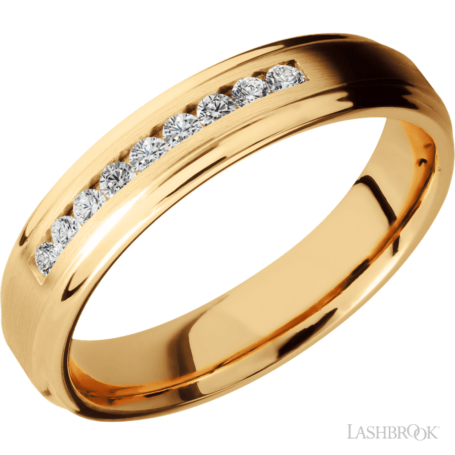 "5 mm wide/Flat Grooved Edges/14K Yellow Gold band with an  arrangement of 9, .03 carat Round Diamond stones in a Channel setting."