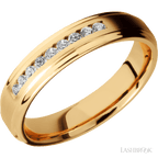 "5 mm wide/Flat Grooved Edges/14K Yellow Gold band with an  arrangement of 9, .03 carat Round Diamond stones in a Channel setting."