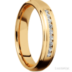 "5 mm wide/Flat Grooved Edges/14K Yellow Gold band with an  arrangement of 9, .03 carat Round Diamond stones in a Channel setting."