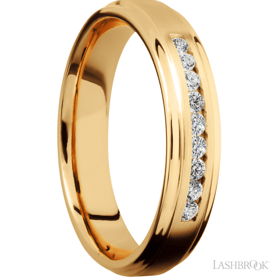 "5 mm wide/Flat Grooved Edges/14K Yellow Gold band with an  arrangement of 9, .03 carat Round Diamond stones in a Channel setting."