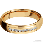"5 mm wide/Flat Grooved Edges/14K Yellow Gold band with an  arrangement of 9, .03 carat Round Diamond stones in a Channel setting."