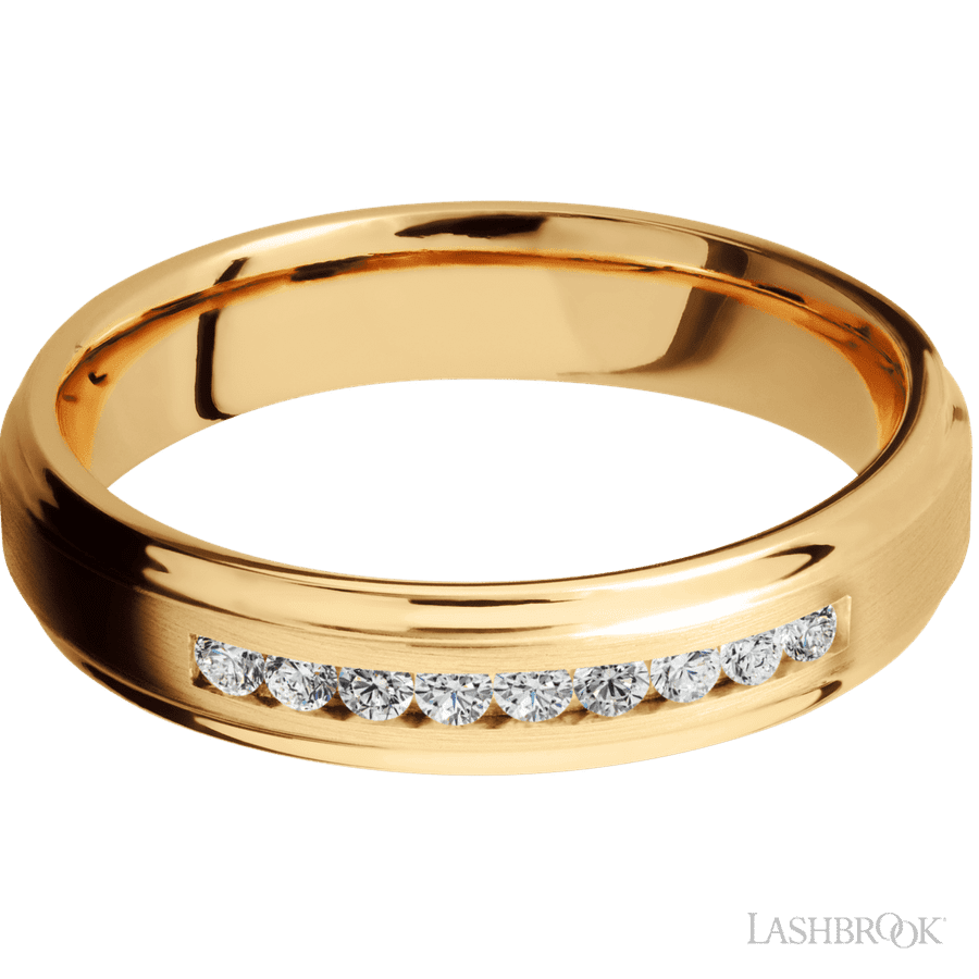 "5 mm wide/Flat Grooved Edges/14K Yellow Gold band with an  arrangement of 9, .03 carat Round Diamond stones in a Channel setting."