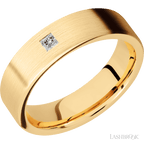"6 mm wide/Flat/14K Yellow Gold band with an  arrangement of 1, .1 carat Princess Diamond stones in a Flush setting."