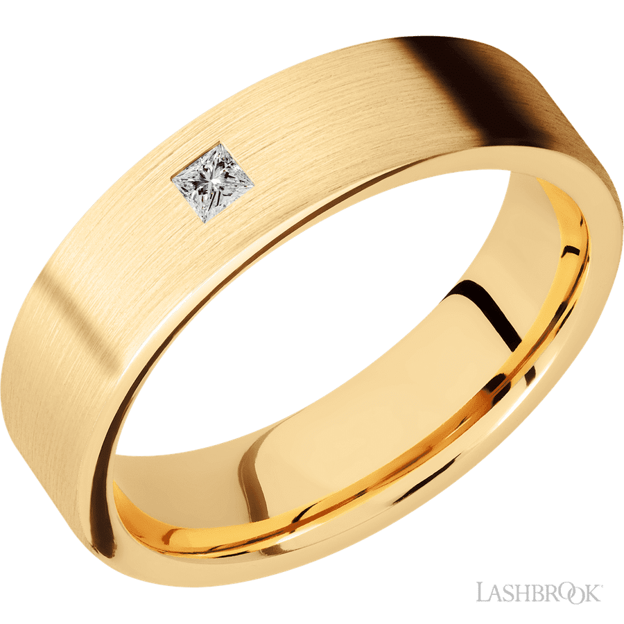 "6 mm wide/Flat/14K Yellow Gold band with an  arrangement of 1, .1 carat Princess Diamond stones in a Flush setting."