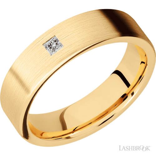 "6 mm wide/Flat/14K Yellow Gold band with an  arrangement of 1, .1 carat Princess Diamond stones in a Flush setting."