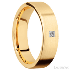 "6 mm wide/Flat/14K Yellow Gold band with an  arrangement of 1, .1 carat Princess Diamond stones in a Flush setting."