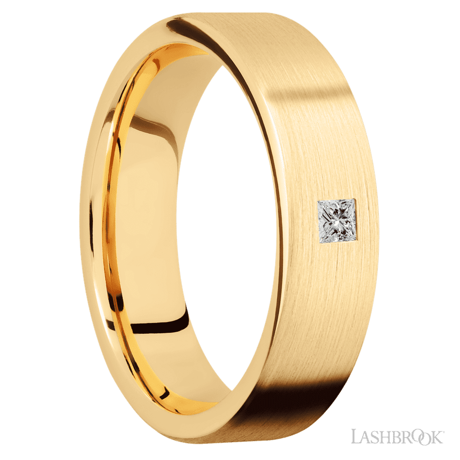 "6 mm wide/Flat/14K Yellow Gold band with an  arrangement of 1, .1 carat Princess Diamond stones in a Flush setting."