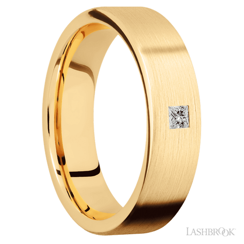"6 mm wide/Flat/14K Yellow Gold band with an  arrangement of 1, .1 carat Princess Diamond stones in a Flush setting."
