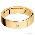 "6 mm wide/Flat/14K Yellow Gold band with an  arrangement of 1, .1 carat Princess Diamond stones in a Flush setting."
