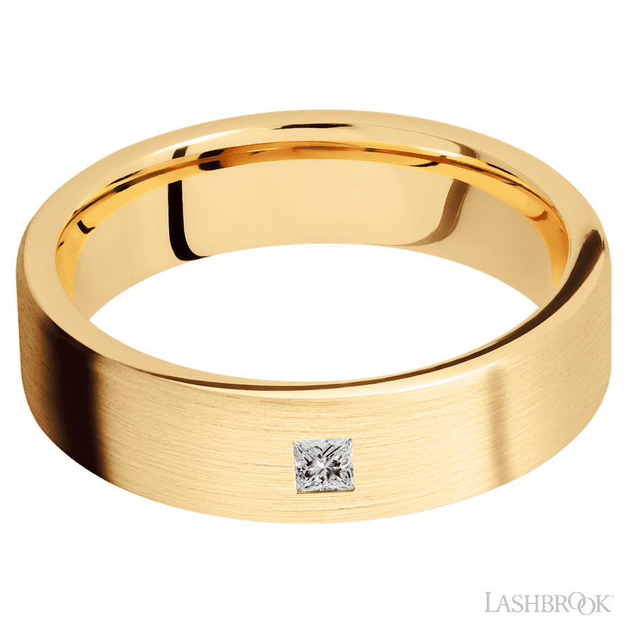 "6 mm wide/Flat/14K Yellow Gold band with an  arrangement of 1, .1 carat Princess Diamond stones in a Flush setting."