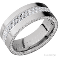 8 mm wide/Flat/14K White Gold band with a Side Eternity arrangement of .01 carat Round Diamond stones in a Bead Channel setting and featuring a a 2 Row Eternity arrangement of .015 carat Round Diamond stones in a Bead Channel setting 