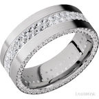 8 mm wide/Flat/14K White Gold band with a Side Eternity arrangement of .01 carat Round Diamond stones in a Bead Channel setting and featuring a a 2 Row Eternity arrangement of .015 carat Round Diamond stones in a Bead Channel setting 