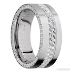 8 mm wide/Flat/14K White Gold band with a Side Eternity arrangement of .01 carat Round Diamond stones in a Bead Channel setting and featuring a a 2 Row Eternity arrangement of .015 carat Round Diamond stones in a Bead Channel setting