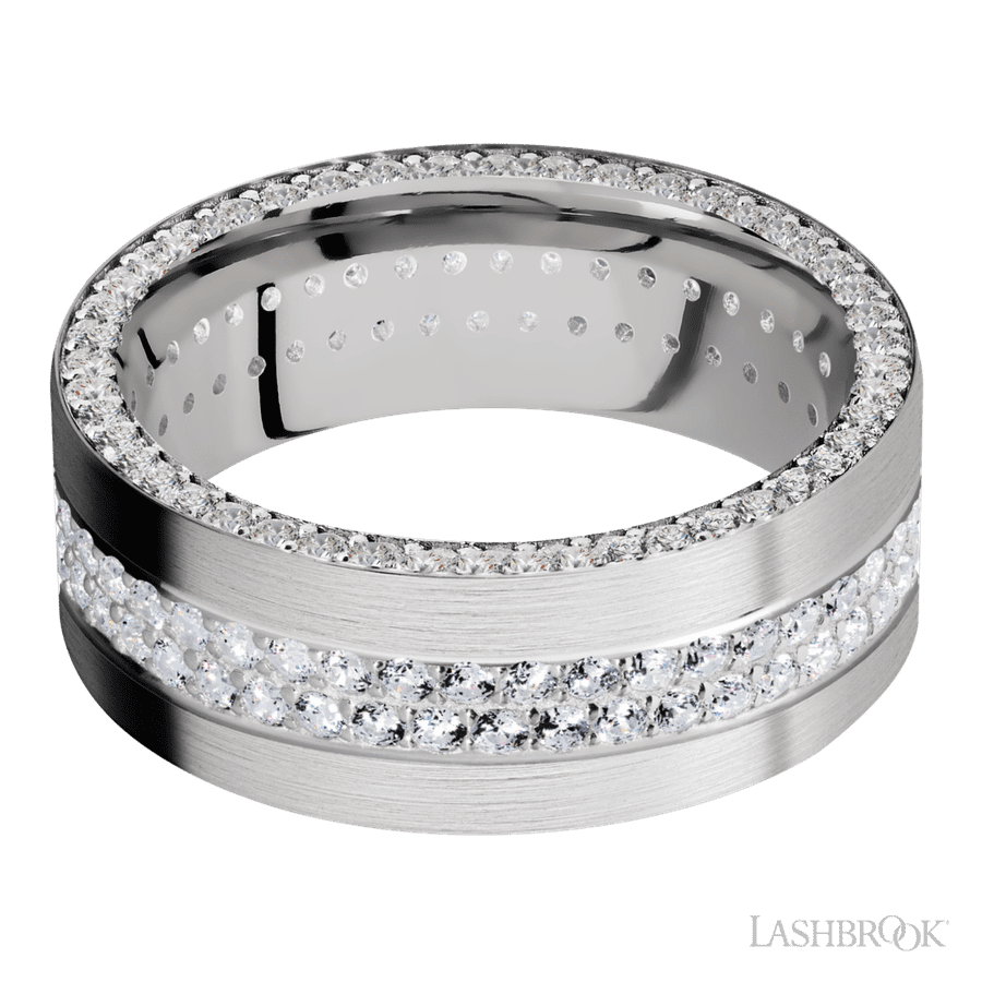 8 mm wide/Flat/14K White Gold band with a Side Eternity arrangement of .01 carat Round Diamond stones in a Bead Channel setting and featuring a a 2 Row Eternity arrangement of .015 carat Round Diamond stones in a Bead Channel setting