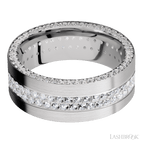 8 mm wide/Flat/14K White Gold band with a Side Eternity arrangement of .01 carat Round Diamond stones in a Bead Channel setting and featuring a a 2 Row Eternity arrangement of .015 carat Round Diamond stones in a Bead Channel setting