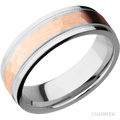 7 mm wide/Flat Stepped Edges Milgrain/Cobalt Chrome band with one 3 mm Centered inlay of 14K Rose Gold.