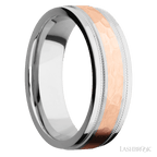 7 mm wide/Flat Stepped Edges Milgrain/Cobalt Chrome band with one 3 mm Centered inlay of 14K Rose Gold.