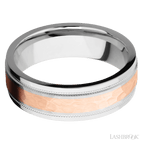 7 mm wide/Flat Stepped Edges Milgrain/Cobalt Chrome band with one 3 mm Centered inlay of 14K Rose Gold.