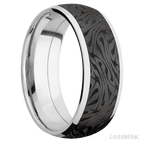 8 mm wide/Domed/Cobalt Chrome band with one 6 mm Centered inlay of Zirconium with a laser carved Escher 1 pattern.