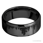8 mm wide/Beveled/Zirconium band with a laser carved Trees pattern.