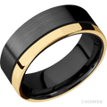 8 mm wide/Flat/Zirconium band with one 2 mm Off Center Edge inlay of 14K Yellow Gold.