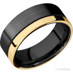8 mm wide/Flat/Zirconium band with one 2 mm Off Center Edge inlay of 14K Yellow Gold.