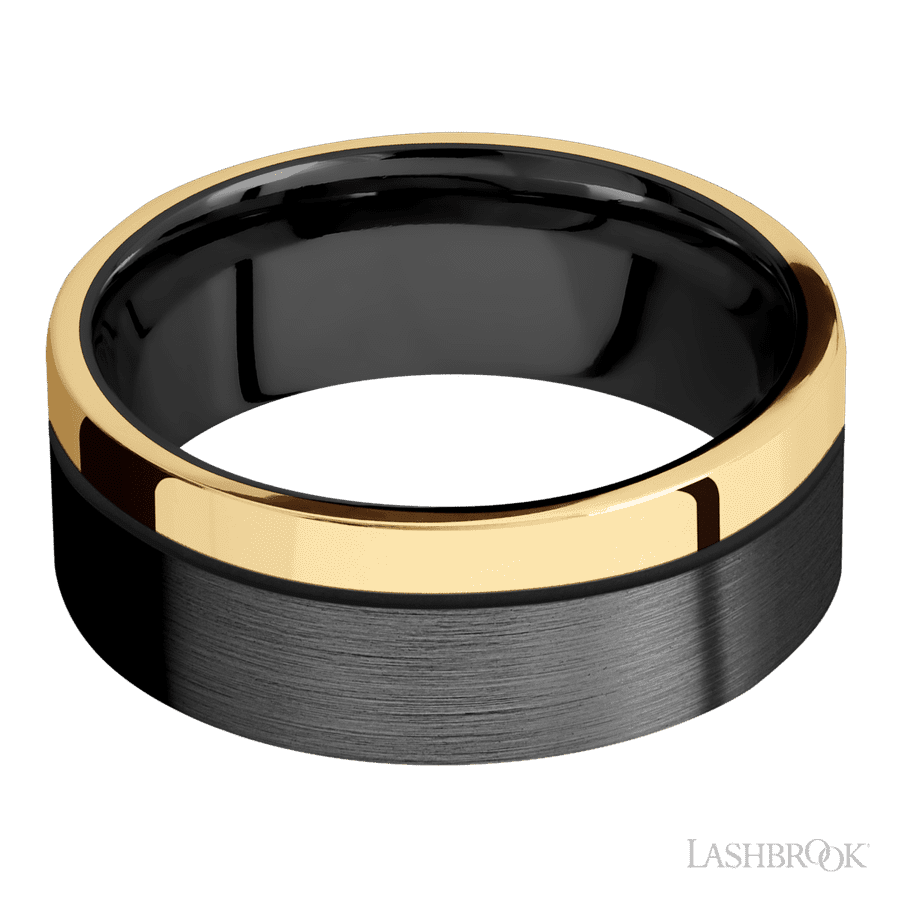 8 mm wide/Flat/Zirconium band with one 2 mm Off Center Edge inlay of 14K Yellow Gold.