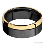 8 mm wide/Flat/Zirconium band with one 2 mm Off Center Edge inlay of 14K Yellow Gold.