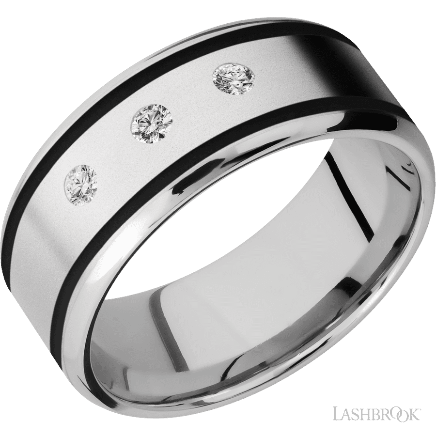 "9 mm wide/Beveled/Cobalt Chrome band with  two 1 mm Wide inlays of Black and featuring an  arrangement of 3, .05 carat Round Diamond stones in a Flush setting"