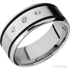 "9 mm wide/Beveled/Cobalt Chrome band with  two 1 mm Wide inlays of Black and featuring an  arrangement of 3, .05 carat Round Diamond stones in a Flush setting"