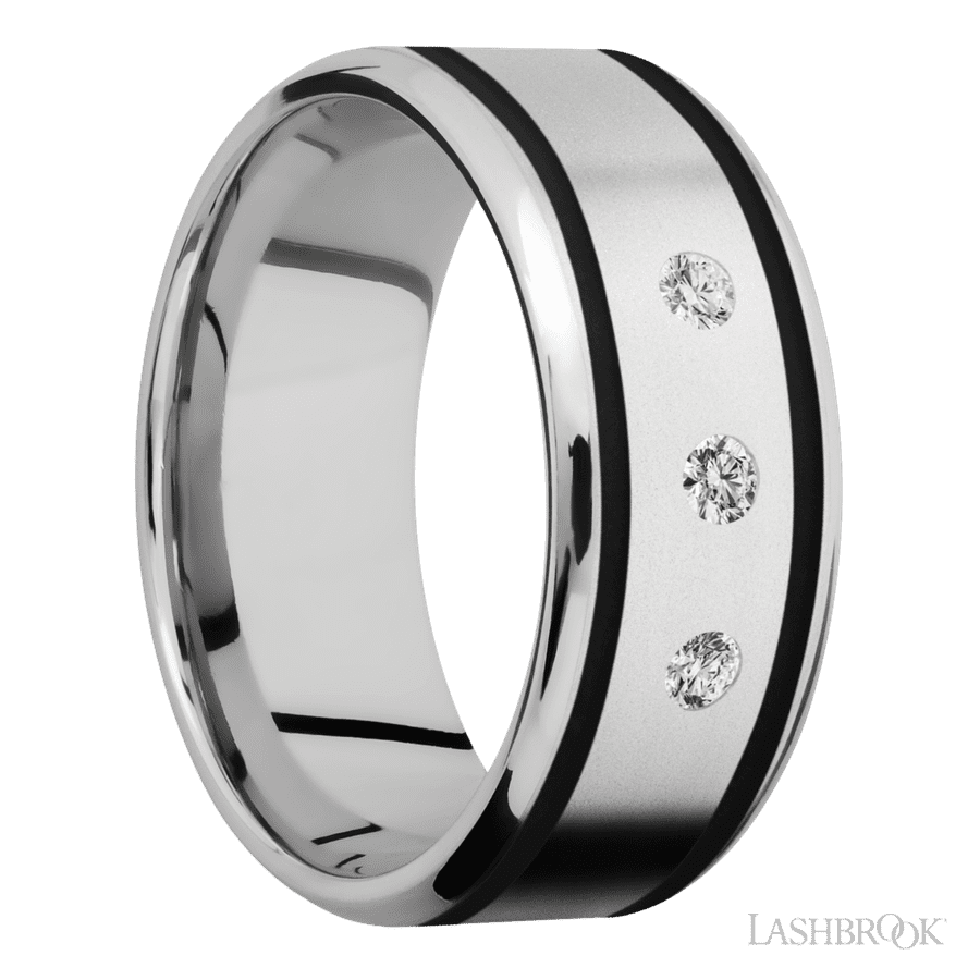 "9 mm wide/Beveled/Cobalt Chrome band with  two 1 mm Wide inlays of Black and featuring an  arrangement of 3, .05 carat Round Diamond stones in a Flush setting"