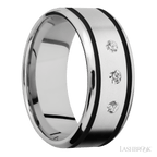 "9 mm wide/Beveled/Cobalt Chrome band with  two 1 mm Wide inlays of Black and featuring an  arrangement of 3, .05 carat Round Diamond stones in a Flush setting"
