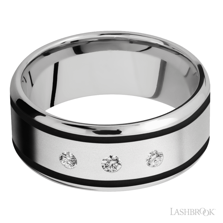 "9 mm wide/Beveled/Cobalt Chrome band with  two 1 mm Wide inlays of Black and featuring an  arrangement of 3, .05 carat Round Diamond stones in a Flush setting"