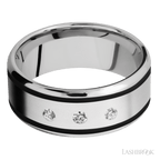 "9 mm wide/Beveled/Cobalt Chrome band with  two 1 mm Wide inlays of Black and featuring an  arrangement of 3, .05 carat Round Diamond stones in a Flush setting"