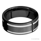 8 mm wide/Flat/Zirconium band with two 1 mm Wide inlays of 14K White Gold.