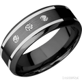 "8 mm wide/High Bevel/Zirconium band with  two 1 mm Wide inlays of 14K White Gold and featuring an  arrangement of 3, .05 carat Round Diamond (ST) stones in a Flush setting"